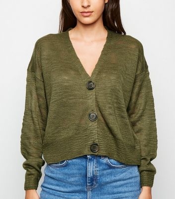 Khaki Fine Knit Button Front Cardigan