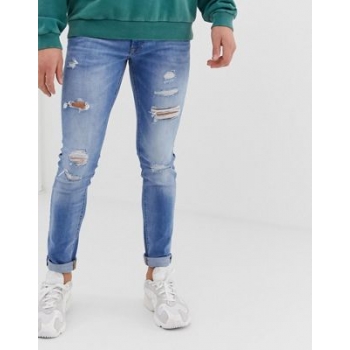 Jack & Jones skinny fit rip & repair jeans in light blue