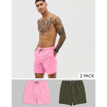 ASOS DESIGN swim shorts 2 pack in pink & khaki in mid length multipack saving