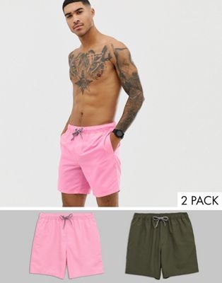 ASOS DESIGN swim shorts 2 pack in pink & khaki in mid length multipack saving