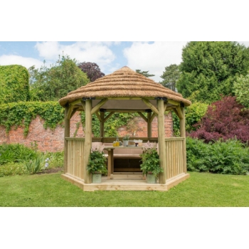 Forest Garden 3.6m Hexagonal Wooden Garden Gazebo with Thatched Roof - Furnished with Table, Benches and Cushions  (Cream)