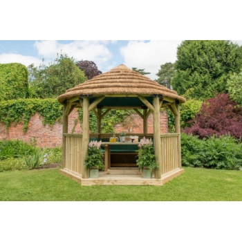 Forest Garden 3.6m Hexagonal Wooden Garden Gazebo with Thatched Roof - Furnished with Table, Benches and Cushions (Green)