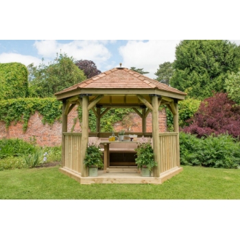 Forest Garden 3.6m Hexagonal Wooden Garden Gazebo with Cedar Roof - Furnished with Table, Benches and Cushions (Cream)