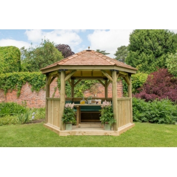 Forest Garden 3.6m Hexagonal Wooden Garden Gazebo with Cedar Roof - Furnished with Table, Benches and Cushions (Green)