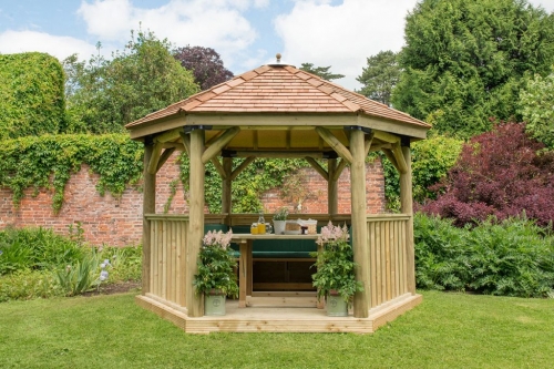 Forest Garden 3.6m Hexagonal Wooden Garden Gazebo with Cedar Roof - Furnished with Table, Benches and Cushions (Green)