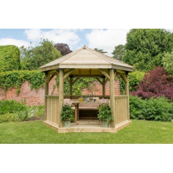 Forest Garden 3.6m Hexagonal Wooden Garden Gazebo with Timber Roof - Furnished with Table, Benches and Cushions (Cream)