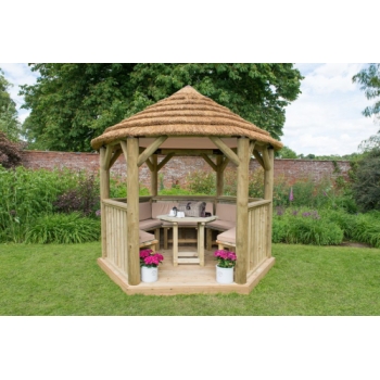 Forest Garden 3m Hexagonal Wooden Garden Gazebo with Thatched Roof - Furnished with Table, Benches and Cushions (Cream)