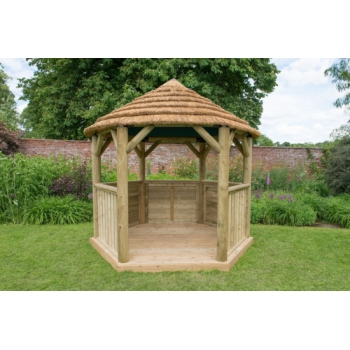 Forest Garden 3m Hexagon Wooden Garden Gazebo with Thatched Roof (Green Lining)