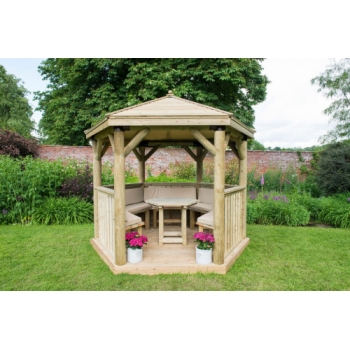 Forest Garden 3m Hexagonal Wooden Garden Gazebo with Timber Roof - Furnished with Table, Benches and Cushions (Cream)