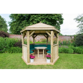 Forest Garden 3m Hexagonal Wooden Garden Gazebo with Timber Roof - Furnished with Table, Benches and Cushions (Green)