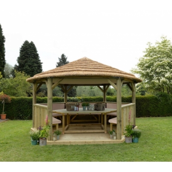 Forest Garden 4.7m Hexagonal Wooden Garden Gazebo with Thatched Roof - Furnished with Table, Benches and Cushions (Cream)