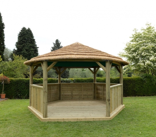 Forest Garden 4.7m Hexagonal Wooden Garden Gazebo with Thatched Roof - Cream Lining