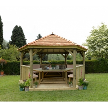 Forest Garden 4.7m Hexagonal Wooden Garden Gazebo with Cedar Roof - Furnished with Table, Benches and Cushions (Cream)