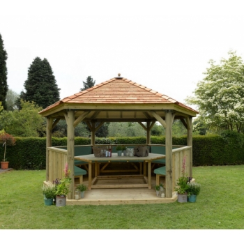 Forest Garden 4.7m Hexagonal Wooden Garden Gazebo with Cedar Roof - Furnished with Table, Benches and Cushions (Green)