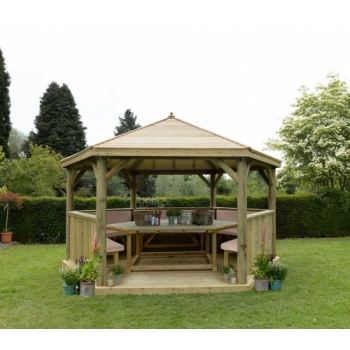 Forest Garden 4.7m Hexagonal Wooden Garden Gazebo with Timber Roof - Furnished with Table, Benches and Cushions (Cream)