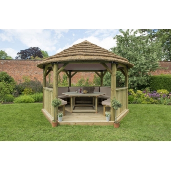 Forest Garden 4m Hexagonal Wooden Garden Gazebo with Thatched Roof - Furnished with Table, Benches and Cushions (Cream)