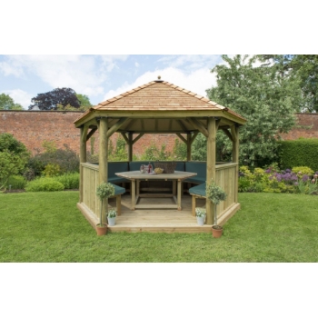 Forest Garden 4m Hexagonal Wooden Garden Gazebo with Cedar Roof - Furnished with Table, Benches and Cushions (Green)