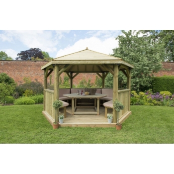 Forest Garden 4m Hexagonal Wooden Garden Gazebo with Timber Roof - Furnished with Table, Benches and Cushions (Cream)