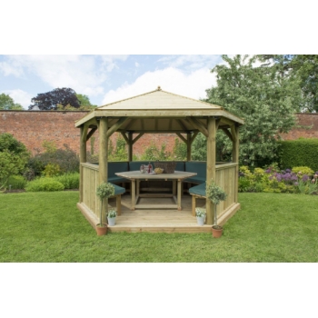 Forest Garden 4m Hexagonal Wooden Garden Gazebo with Timber Roof - Furnished with Table, Benches and Cushions (Green)