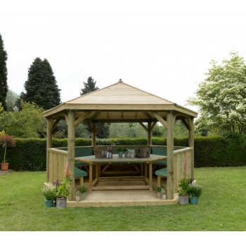 Forest Garden 4.7m Hexagonal Wooden Garden Gazebo with Timber Roof - Furnished with Table, Benches and Cushions (Green)